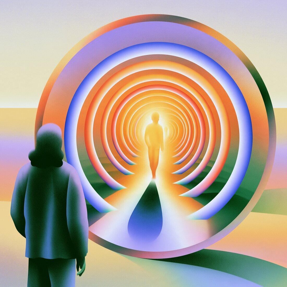 Ilustración de una persona de espaldas frente a un portal de anillos de colores; al fondo del túnel, una figura luminosa camina hacia ella