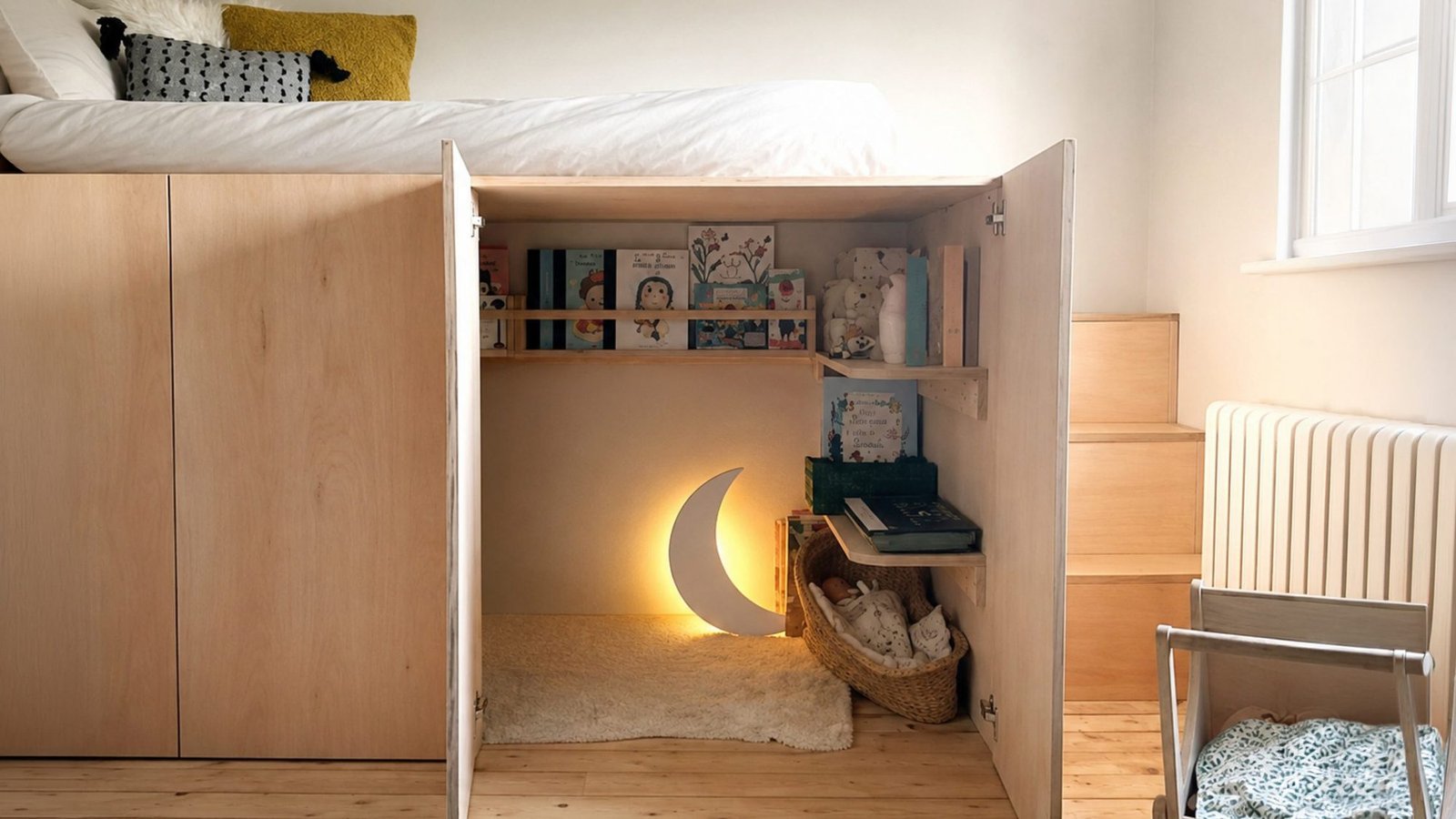 Rincón de lectura de madera bajo una cama alta, con luz cálida y una lámpara de luna