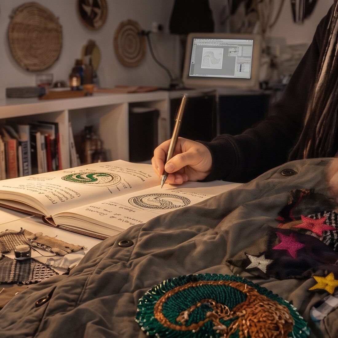 Mesa de taller iluminada con una lámpara, cuaderno de apuntes abierto y una chaqueta intervenida con parches y bordados
